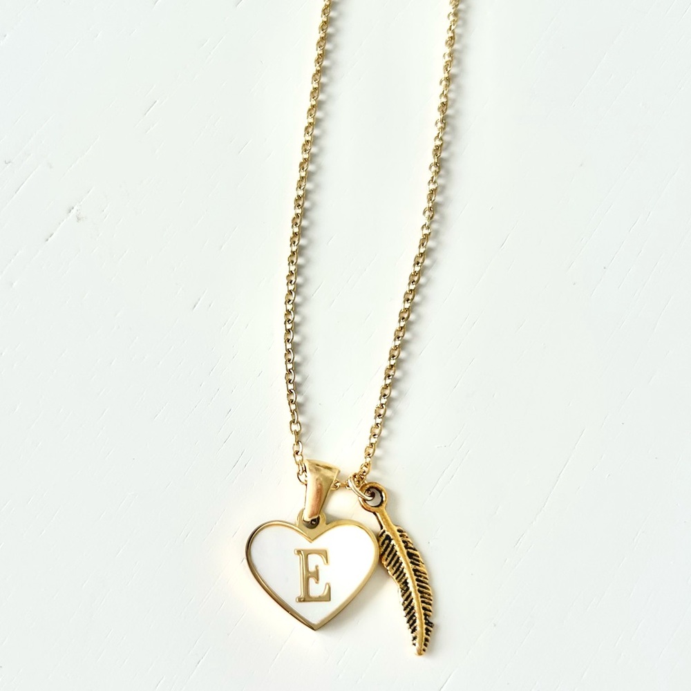 Initial Letter Necklace. E. Gold Heart and Feather 14k Gold Plated